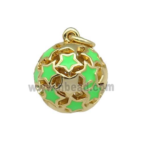 copper Ball pendant with green enamel star, hollow, gold plated