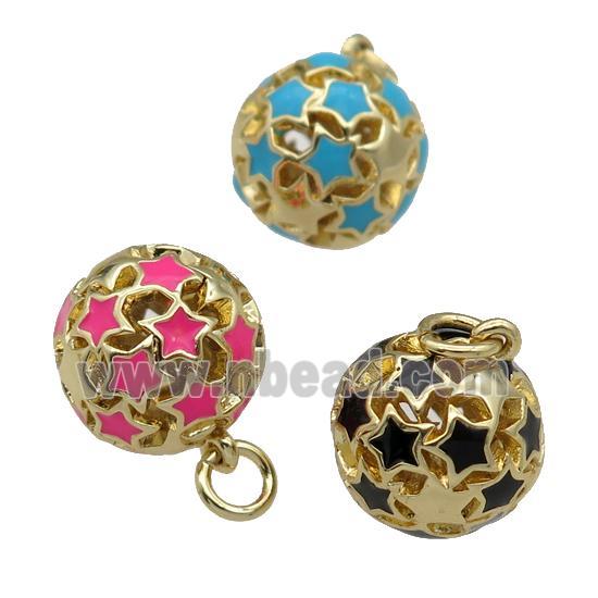 copper Ball pendant with enamel star, hollow, gold plated, mixed