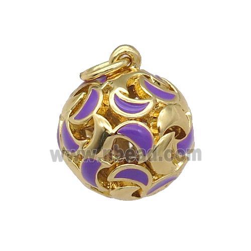 copper Ball pendant with purple enamel moon, hollow, gold plated