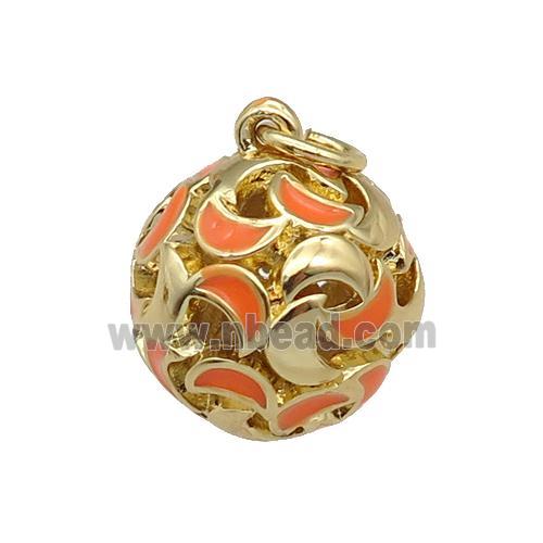 copper Ball pendant with orange enamel moon, hollow, gold plated
