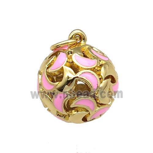 copper Ball pendant with pink enamel moon, hollow, gold plated