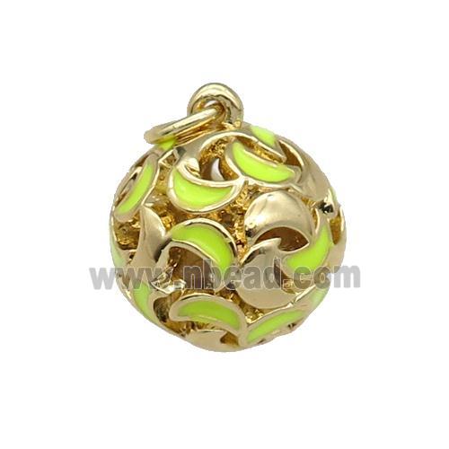 copper Ball pendant with yellow enamel moon, hollow, gold plated