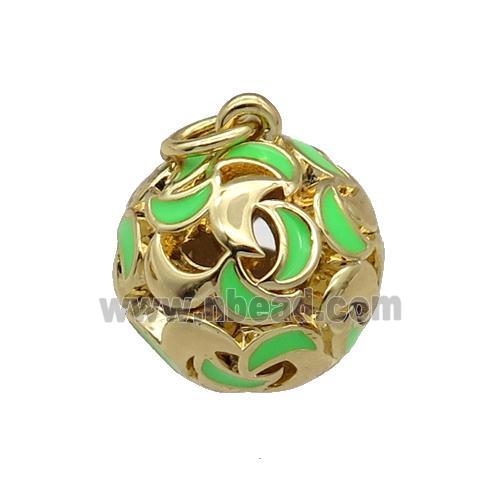 copper Ball pendant with green enamel moon, hollow, gold plated