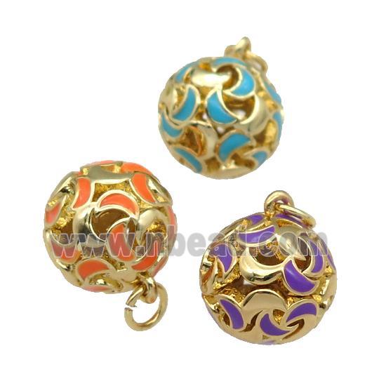 copper Ball pendant with enamel moon, hollow, gold plated, mixed