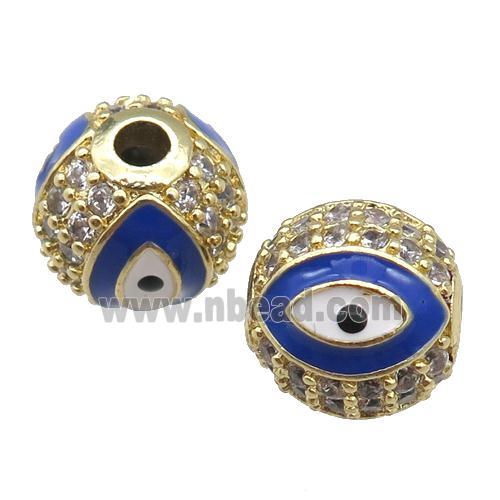 round copper Beads paved zircon with blue enamel Evil Eye, gold plated