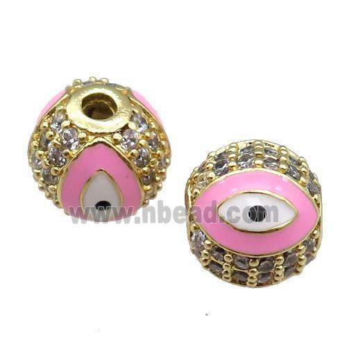 round copper Beads paved zircon with pink enamel Evil Eye, gold plated