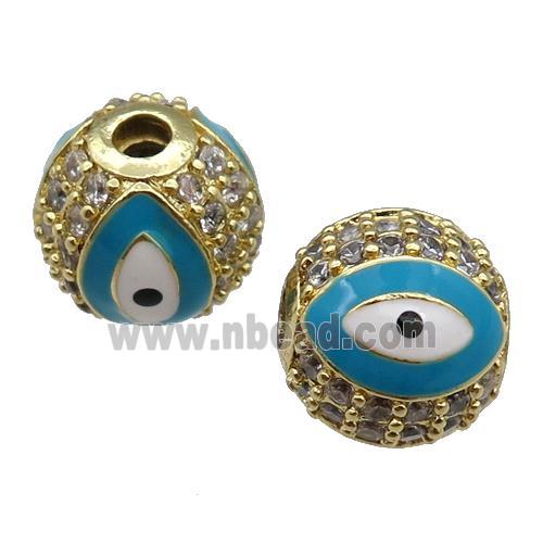 round copper Beads paved zircon with teal enamel Evil Eye, gold plated