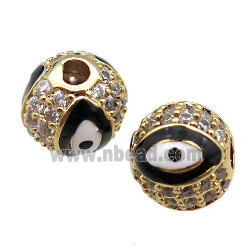 round copper Beads paved zircon with black enamel Evil Eye, gold plated