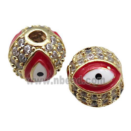 round copper Beads paved zircon with red enamel Evil Eye, gold plated