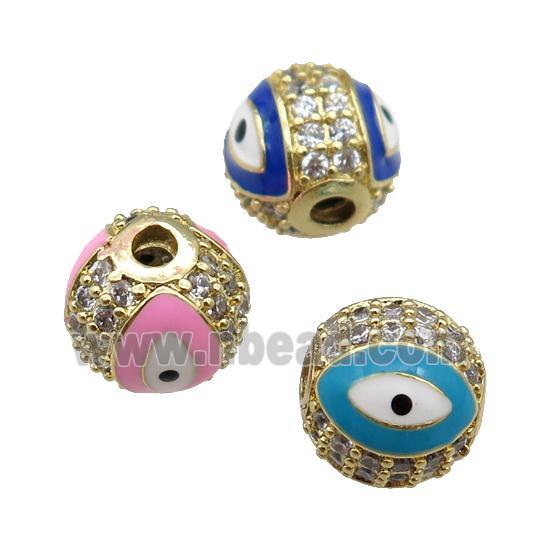 round copper Beads paved zircon with enamel Evil Eye, gold plated, mixed