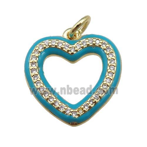 copper Heart pendant paved zircon with teal enamel, gold plated