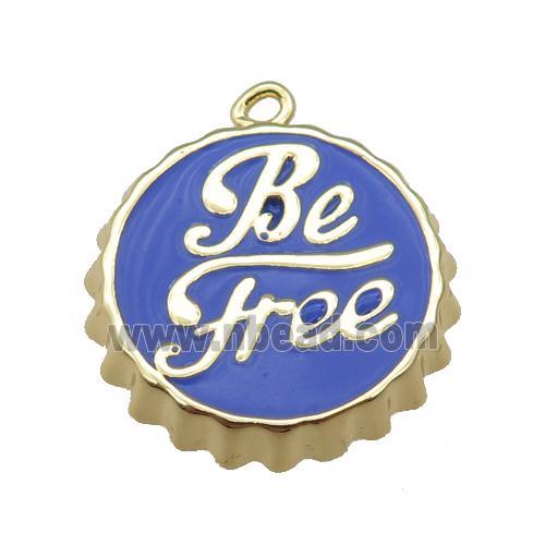 copper soda Bottle Cap pendant with blue enamel, Be Free, gold plated