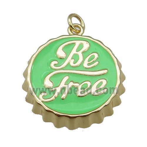 copper soda Bottle Cap pendant with green enamel, Be Free, gold plated