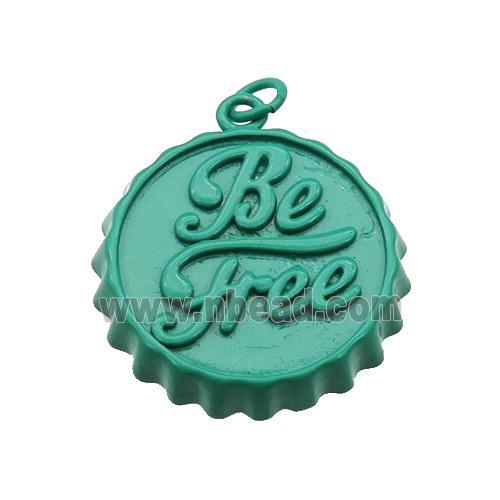 copper soda Bottle Cap pendant with green fire Lacquered, Be Free