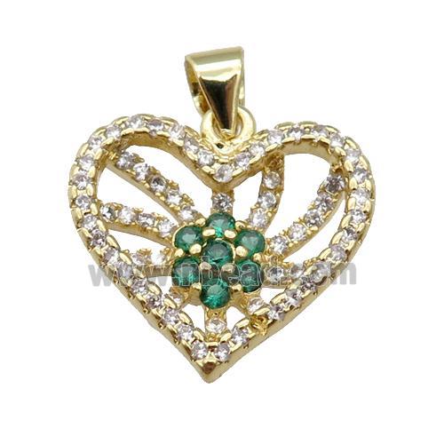 copper Heart pendant paved zircon, green, gold plated
