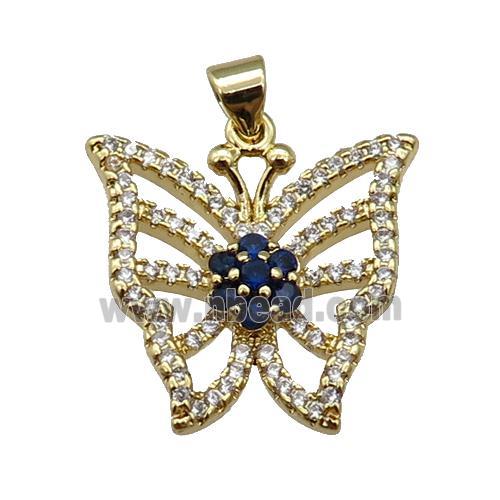 copper Butterfly pendant paved zircon, darkblue, gold plated