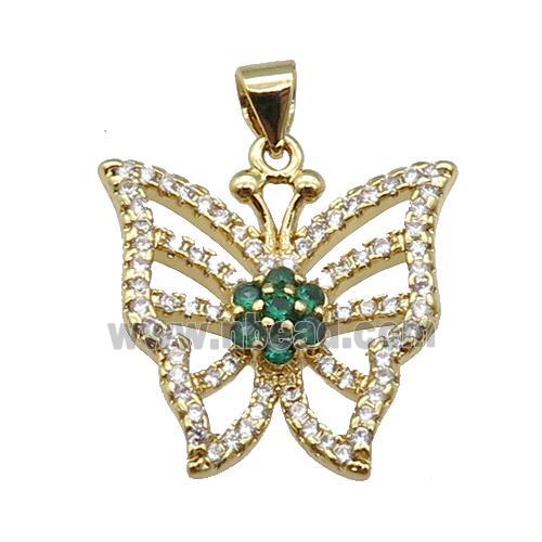 copper Butterfly pendant paved zircon, green, gold plated