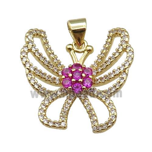 copper Butterfly pendant paved zircon, hotpink, gold plated