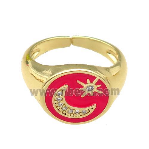 copper Rings paved zircon with red enamel, moonstar, gold plated