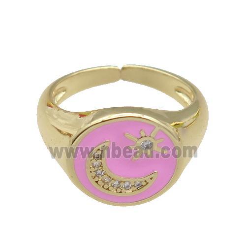 copper Rings paved zircon with pink enamel, moonstar, gold plated