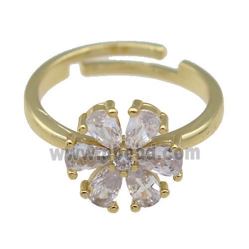 copper Rings paved zircon, flower, gold plated