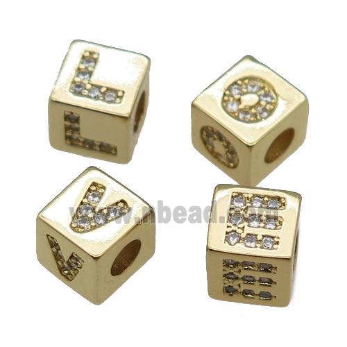 copper Cube Letter Beads paved zircon, gold plated, mixed