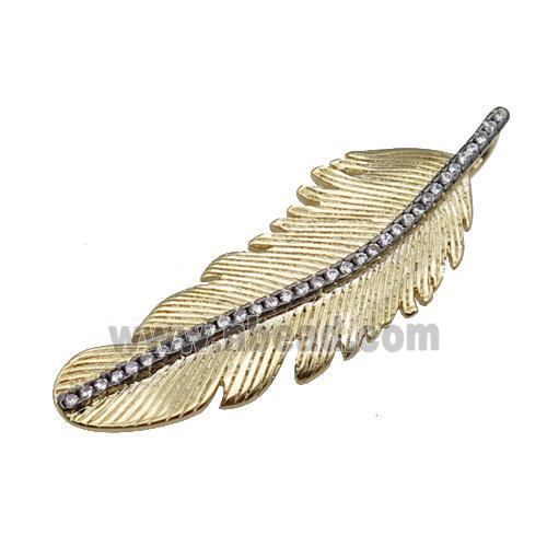 copper Feather pendant paved zircon, gold plated