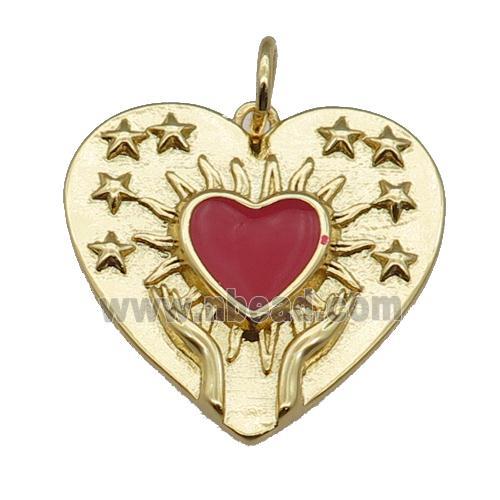 copper Heart pendant, red enamel, gold plated