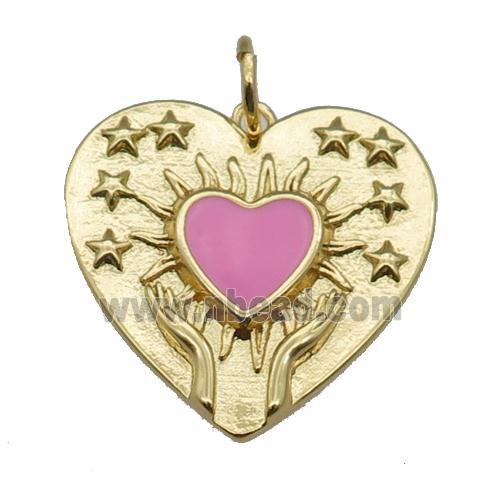 copper Heart pendant, pink enamel, gold plated