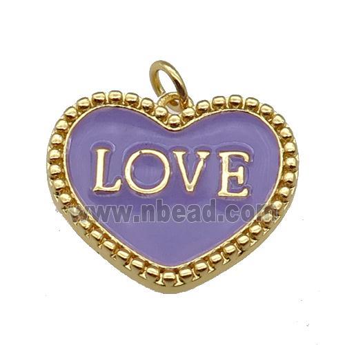 copper Heart pendant with lavender enamel, LOVE, gold plated