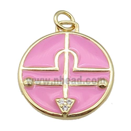 copper circle pendant with pink enamel, gold plated