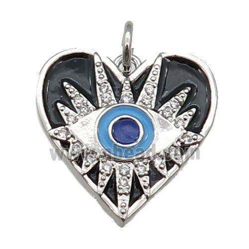 copper Heart pendant paved zircon with black enamel, Evil Eye, platinum plated
