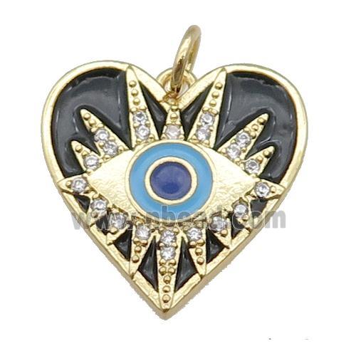 copper Heart pendant paved zircon with black enamel, Evil Eye, gold plated