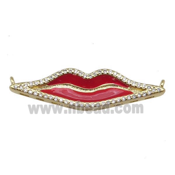 copper Lip charm pendant paved zircon, red enamel, gold plated