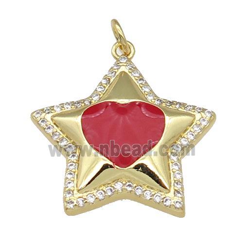 copper Star pendant paved zircon, red enamel, gold plated