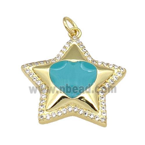 copper Star pendant paved zircon, teal enamel, gold plated