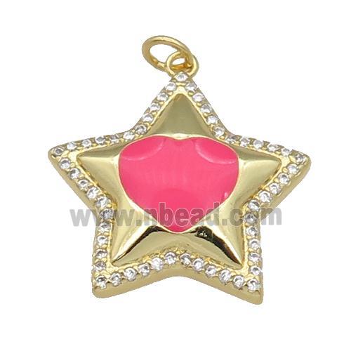 copper Star pendant paved zircon, hotpink enamel, gold plated