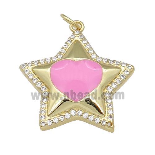 copper Star pendant paved zircon, pink enamel, gold plated