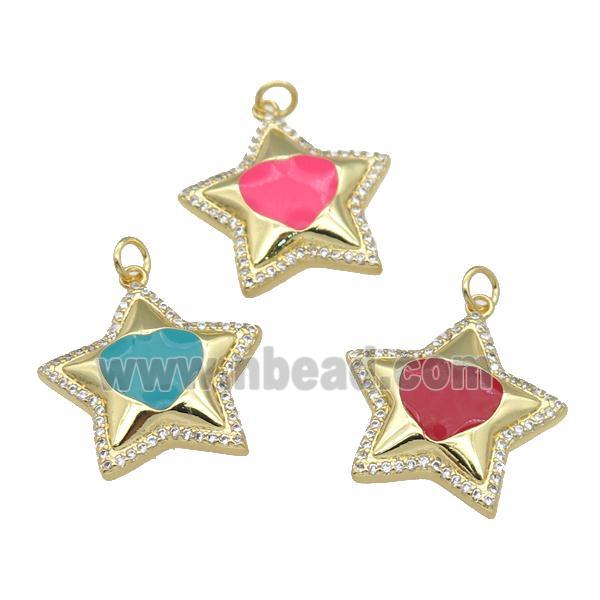 copper Star pendant paved zircon, enamel, gold plated, mixed