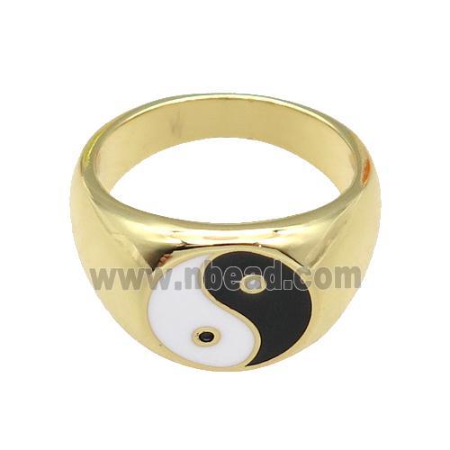 copper Ring with enamel Taichi, gold plated