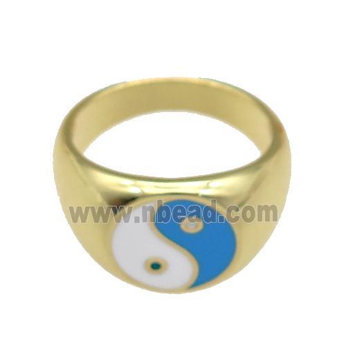 copper Ring with blue enamel Taichi, gold plated
