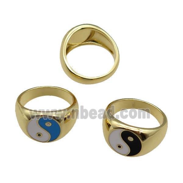 copper Ring with enamel Taichi, yinyang, gold plated
