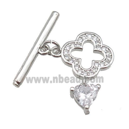 copper Toggle Clasp paved zircon, clover, platinum plated