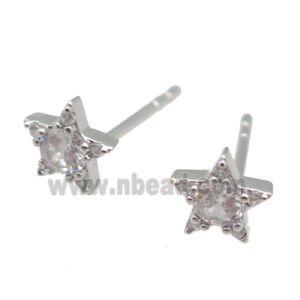 copper Stud Earring paved zircon, star, platinum plated