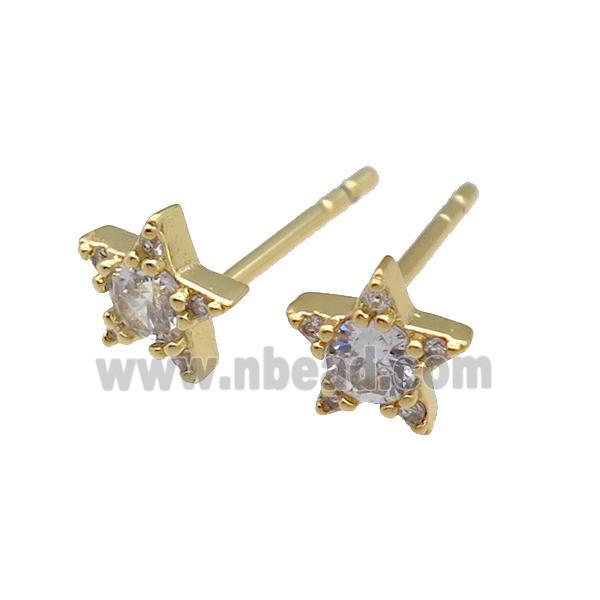 copper Stud Earring paved zircon, star, gold plated