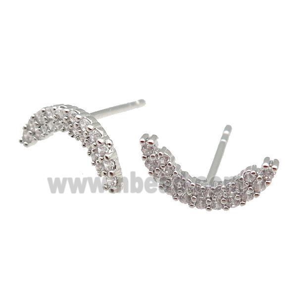 copper Stud Earring paved zircon, moon, platinum plated