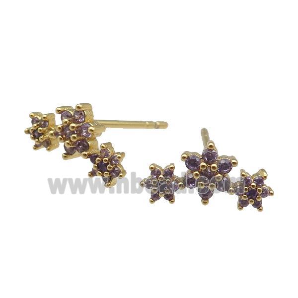 copper Stud Earring paved zircon, flower, gold plated