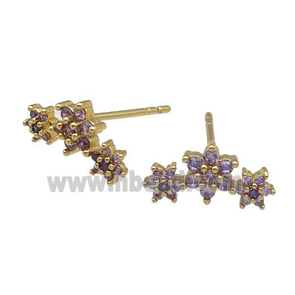 copper Stud Earring paved purple zircon, flower, gold plated