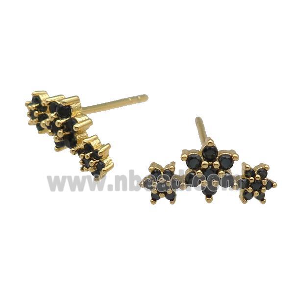 copper Stud Earring paved black zircon, flower, gold plated