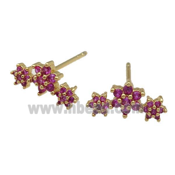 copper Stud Earring paved hotpink zircon, flower, gold plated